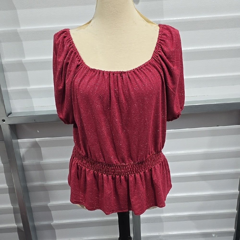 LC Lauren Conrad‎ Red Ruched Peplum Blouse